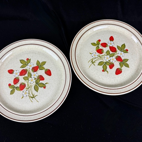 Vintage MCM Regency Susanne Stoneware 2 Dinner Plates 10.5 in Strawberries - Picture 1 of 12
